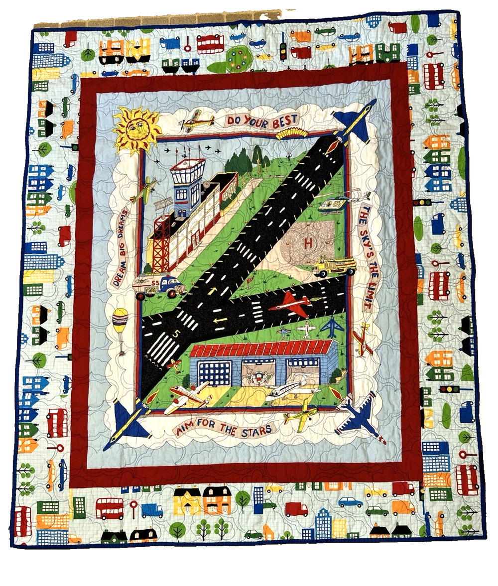 Handmade Quilt Child's Room Airport Planes Cars 48" x 54" Cotton Blanket Bedding